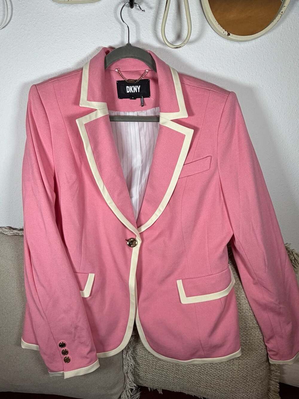 DKNY Blazer Size 16 Pink White Trim One Button